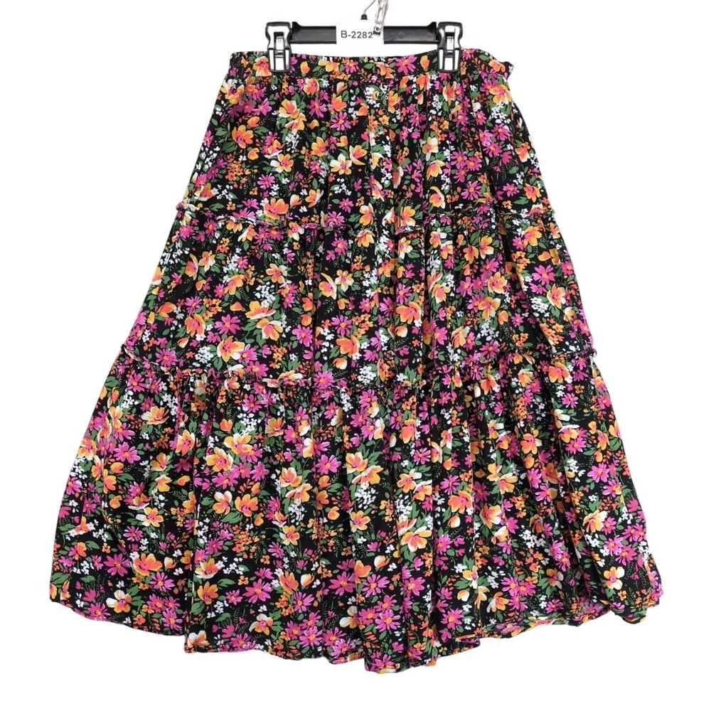Cynthia Rowley Floral A-Line Midi Skirt Sz M Tiered Button Front Boho Cottage